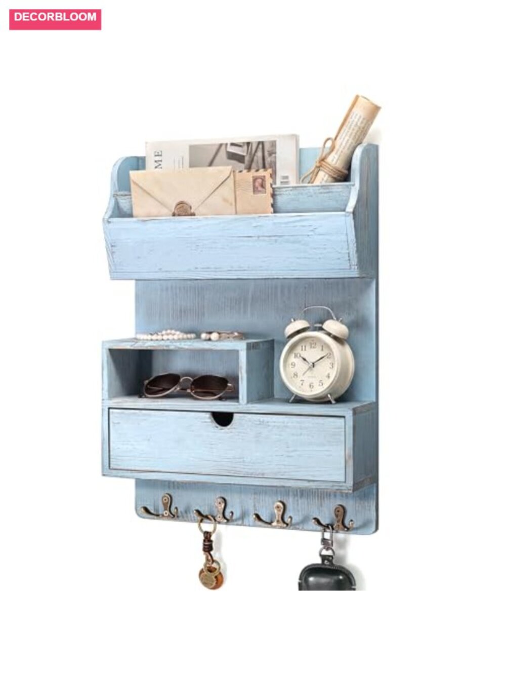 Pine Wood Key Holder Wall Mount with Shelf Drawer Farmhouse Storage